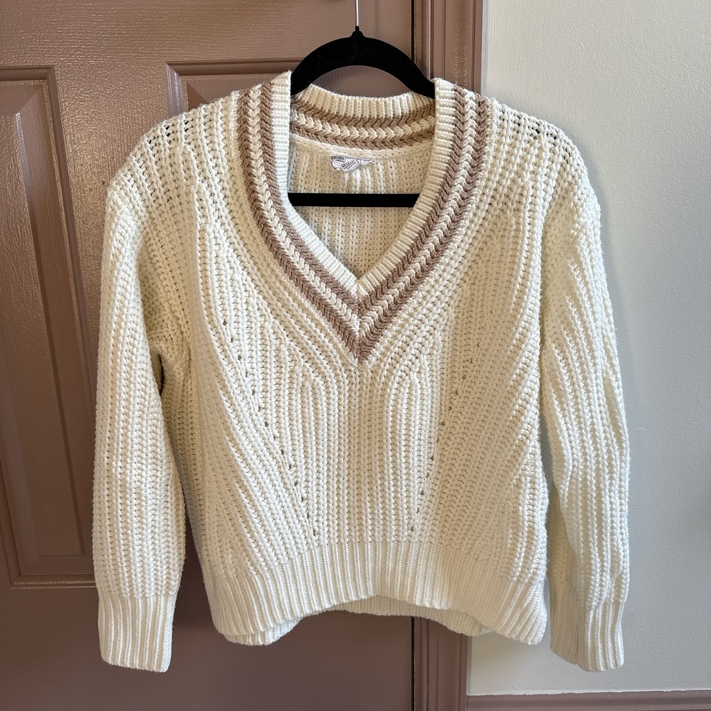 Anthropologie Cream and Brown V-Neck Sweater